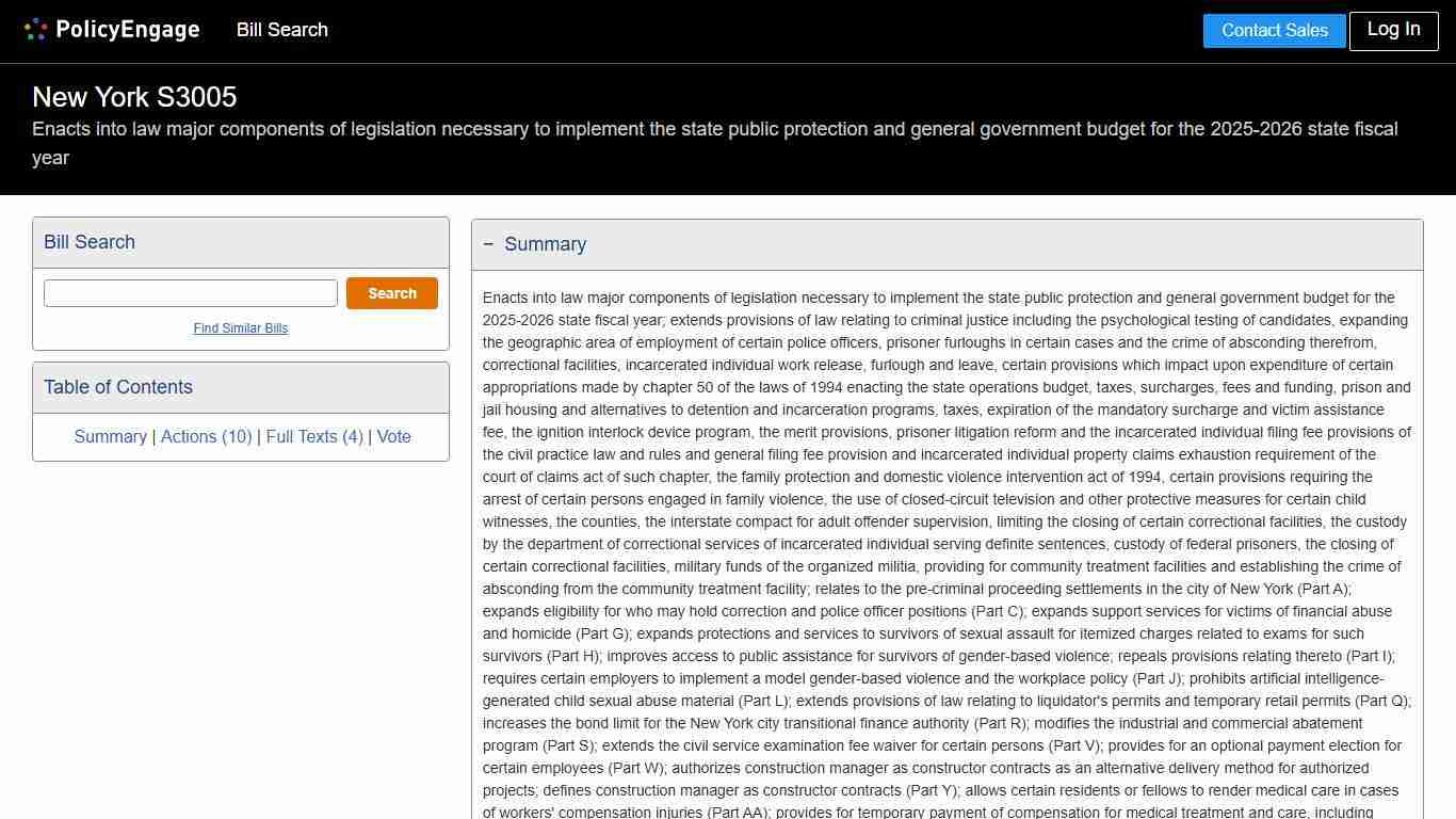 S3005 | New York 2025-2026 | Enacts into law major components of legislation necessary to implement the state public protection and general government budget for the 2025-2026 state fiscal year - Legislative Tracking | PolicyEngage